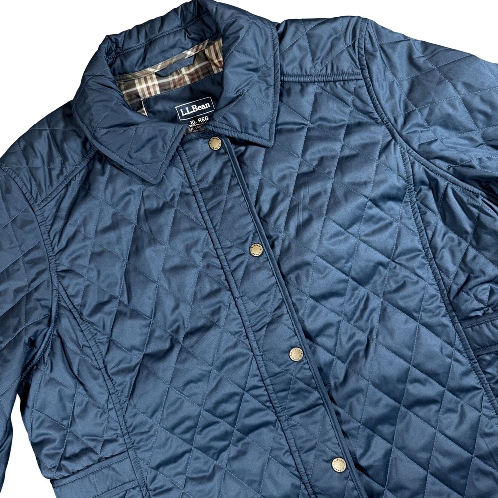 LL Bean Quilted Riding Jacket Women XL Blue Plaid Lined Corduroy Trim Chore Coat